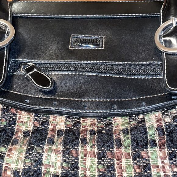 MaggiB Shoulder Purse Black Brown Green Plaid Tweed Snap Close Faux Leather Trim - Picture 7 of 16